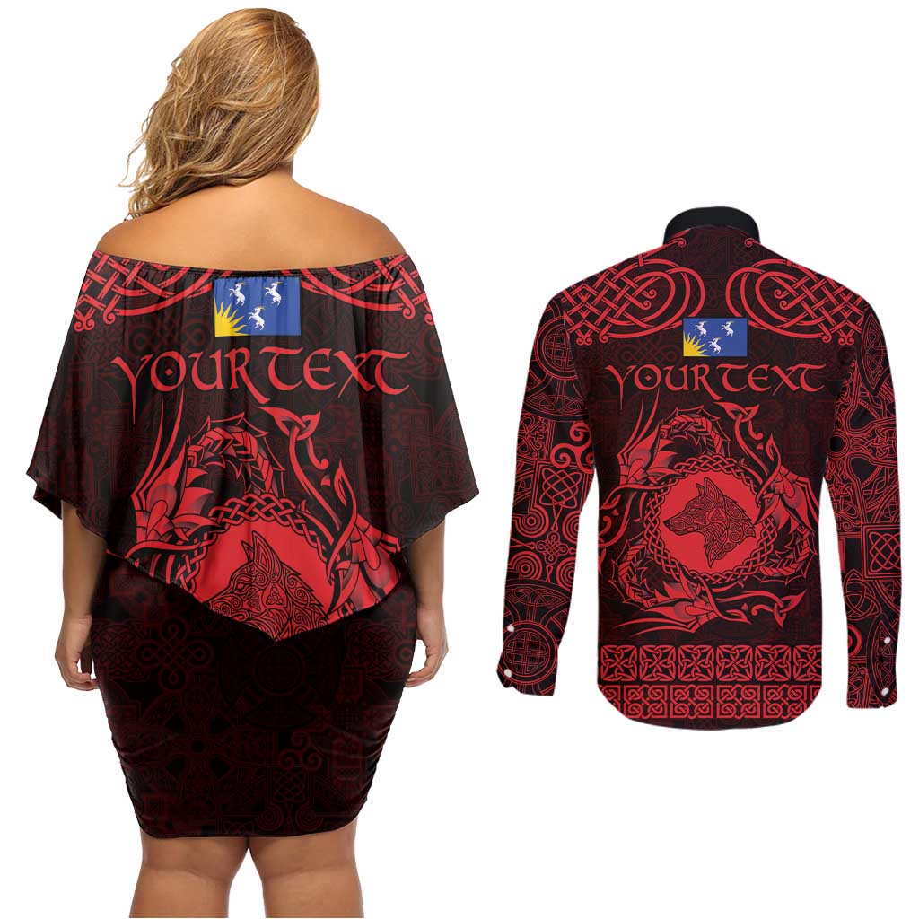 Personalized Merionethshire Meirionnydd Couples Matching Off Shoulder Short Dress and Long Sleeve Button Shirt Red Wolf Celtic-inspired - Wonder Print Shop