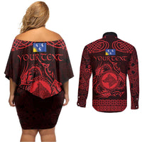 Personalized Merionethshire Meirionnydd Couples Matching Off Shoulder Short Dress and Long Sleeve Button Shirt Red Wolf Celtic-inspired - Wonder Print Shop