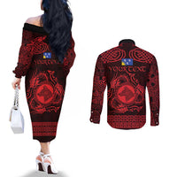 Personalized Merionethshire Meirionnydd Couples Matching Off The Shoulder Long Sleeve Dress and Long Sleeve Button Shirt Red Wolf Celtic-inspired - Wonder Print Shop