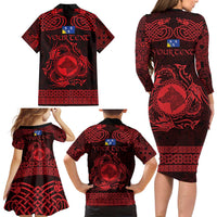 Personalized Merionethshire Meirionnydd Family Matching Long Sleeve Bodycon Dress and Hawaiian Shirt Red Wolf Celtic-inspired - Wonder Print Shop