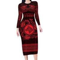 Personalized Merionethshire Meirionnydd Family Matching Long Sleeve Bodycon Dress and Hawaiian Shirt Red Wolf Celtic-inspired - Wonder Print Shop