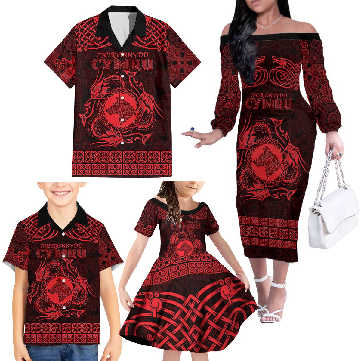 Personalized Merionethshire Meirionnydd Family Matching Off The Shoulder Long Sleeve Dress and Hawaiian Shirt Red Wolf Celtic-inspired - Wonder Print Shop