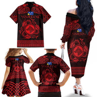 Personalized Merionethshire Meirionnydd Family Matching Off The Shoulder Long Sleeve Dress and Hawaiian Shirt Red Wolf Celtic-inspired - Wonder Print Shop