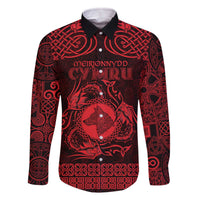 Personalized Merionethshire Meirionnydd Family Matching Off The Shoulder Long Sleeve Dress and Hawaiian Shirt Red Wolf Celtic-inspired - Wonder Print Shop
