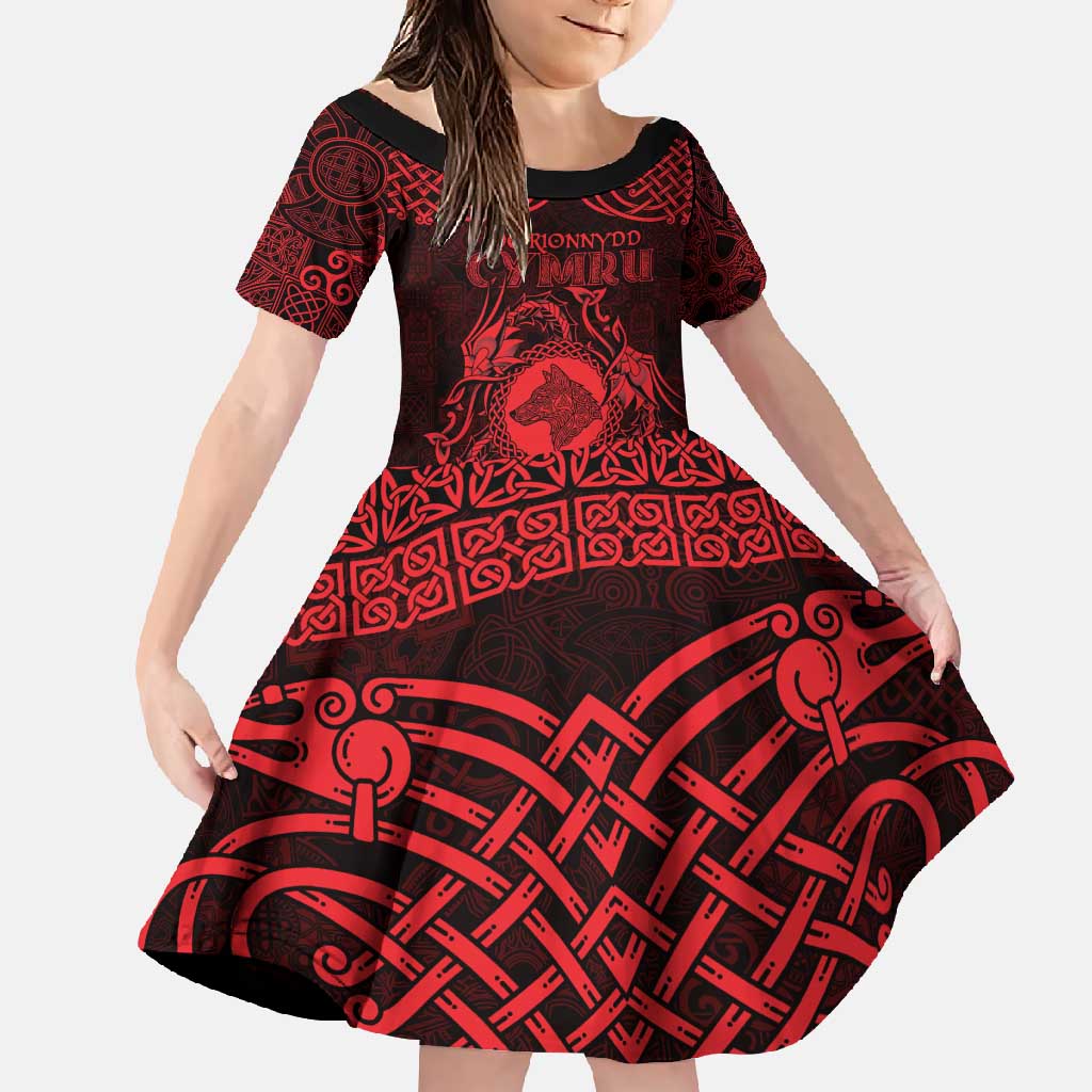 Personalized Merionethshire Meirionnydd Family Matching Off Shoulder Maxi Dress and Hawaiian Shirt Red Wolf Celtic-inspired - Wonder Print Shop