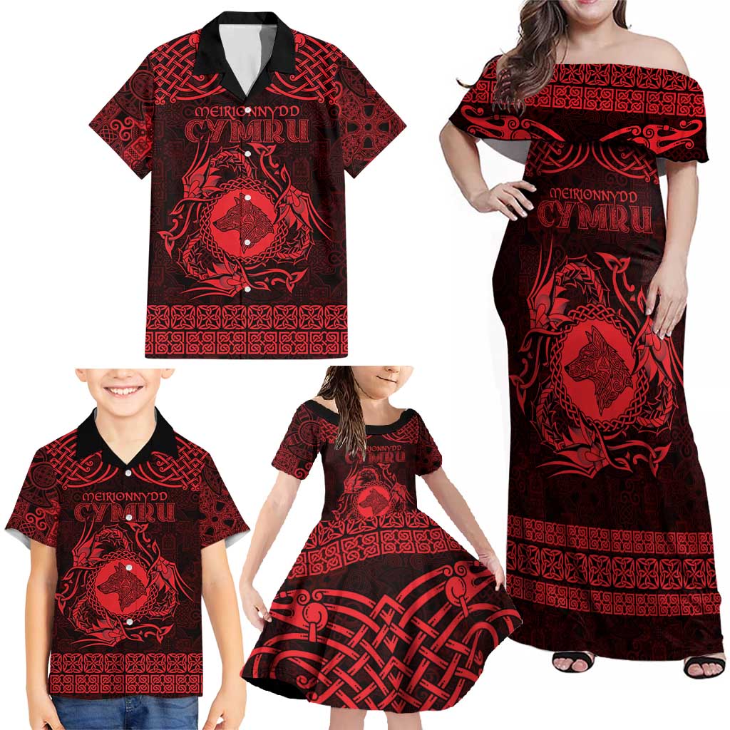 Personalized Merionethshire Meirionnydd Family Matching Off Shoulder Maxi Dress and Hawaiian Shirt Red Wolf Celtic-inspired - Wonder Print Shop