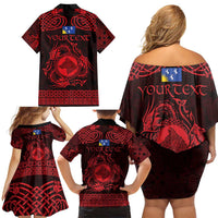 Personalized Merionethshire Meirionnydd Family Matching Off Shoulder Short Dress and Hawaiian Shirt Red Wolf Celtic-inspired - Wonder Print Shop