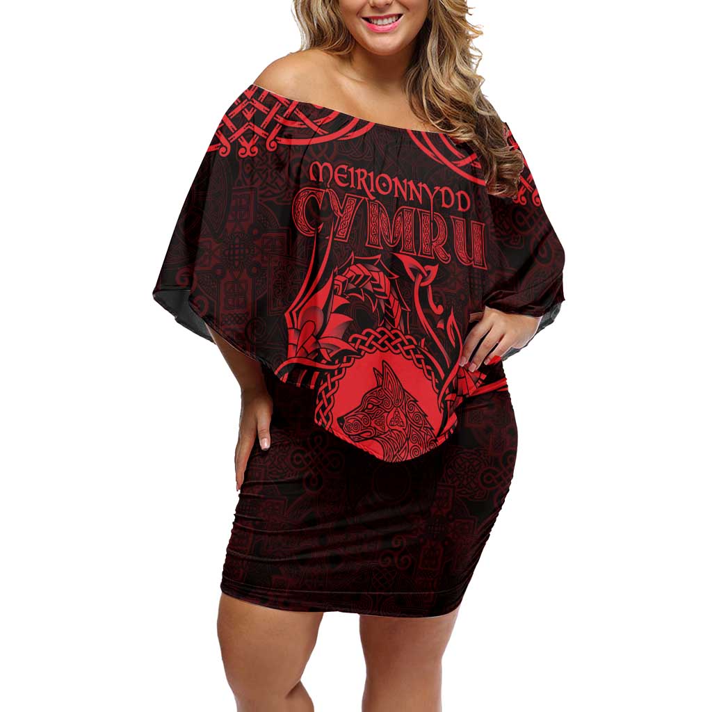 Personalized Merionethshire Meirionnydd Family Matching Off Shoulder Short Dress and Hawaiian Shirt Red Wolf Celtic-inspired - Wonder Print Shop
