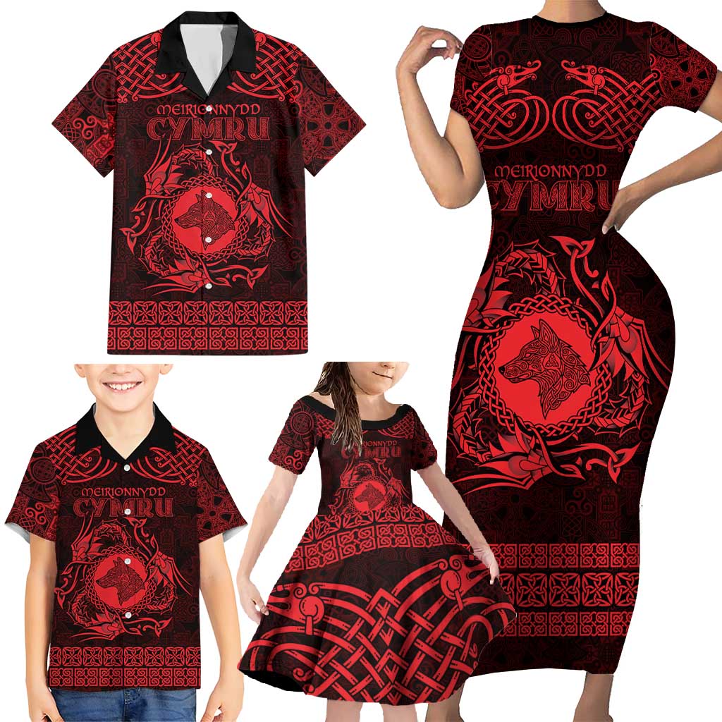 Personalized Merionethshire Meirionnydd Family Matching Short Sleeve Bodycon Dress and Hawaiian Shirt Red Wolf Celtic-inspired - Wonder Print Shop