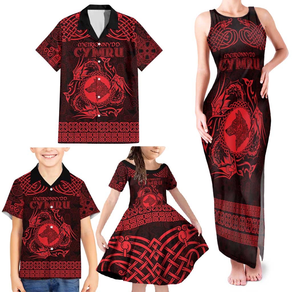 Personalized Merionethshire Meirionnydd Family Matching Tank Maxi Dress and Hawaiian Shirt Red Wolf Celtic-inspired - Wonder Print Shop