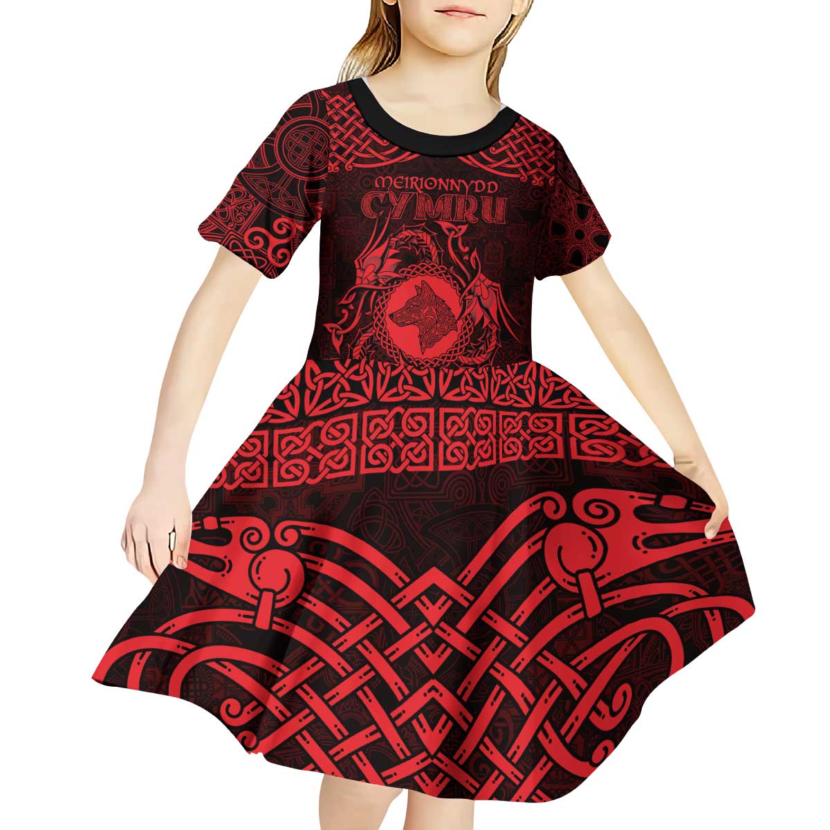 Personalized Merionethshire Meirionnydd Kid Short Sleeve Dress Red Wolf Celtic-inspired - Wonder Print Shop