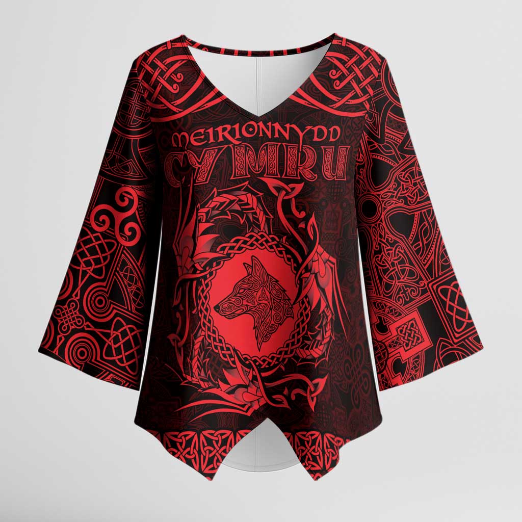 Personalized Merionethshire Meirionnydd Kimono Sleeve Blouse Red Wolf Celtic-inspired - Wonder Print Shop
