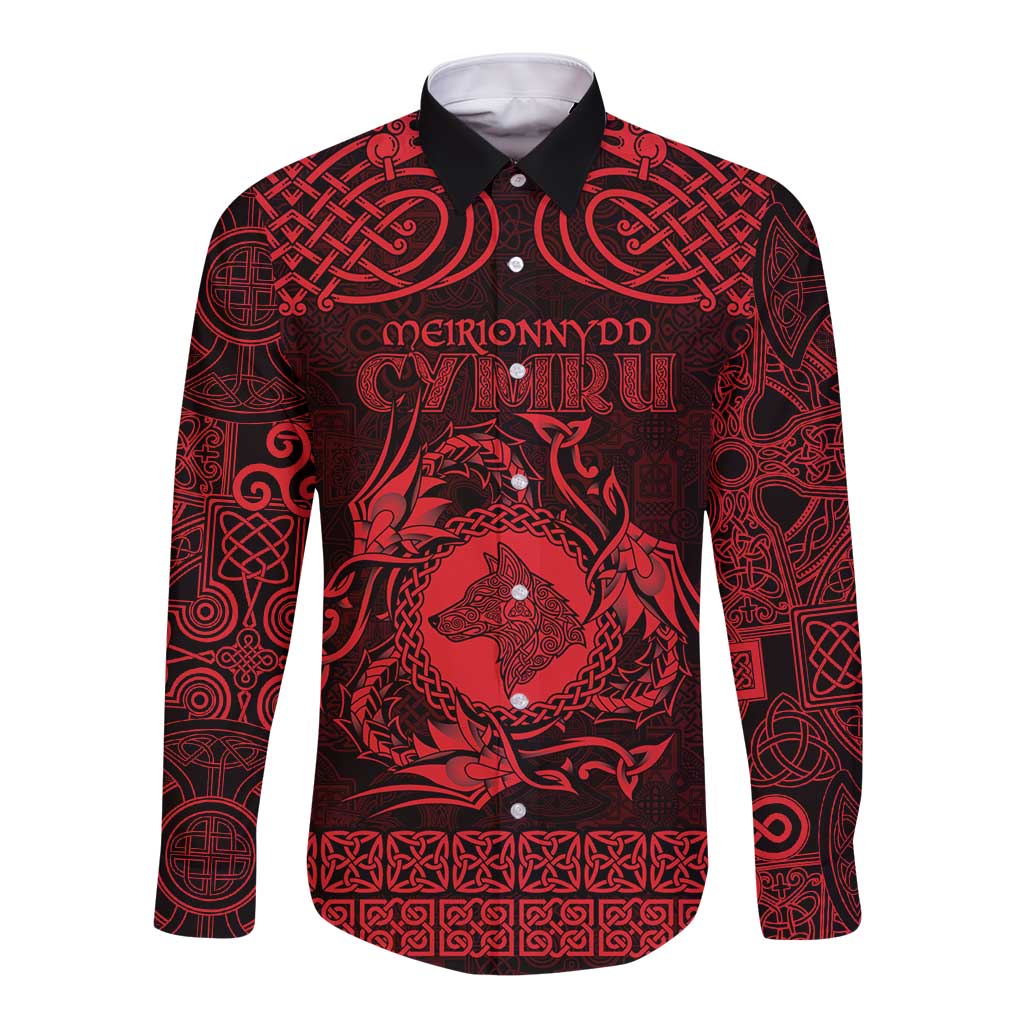 Personalized Merionethshire Meirionnydd Long Sleeve Button Shirt Red Wolf Celtic-inspired - Wonder Print Shop