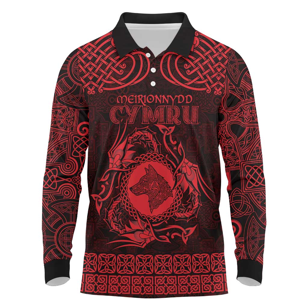 Personalized Merionethshire Meirionnydd Long Sleeve Polo Shirt Red Wolf Celtic-inspired - Wonder Print Shop