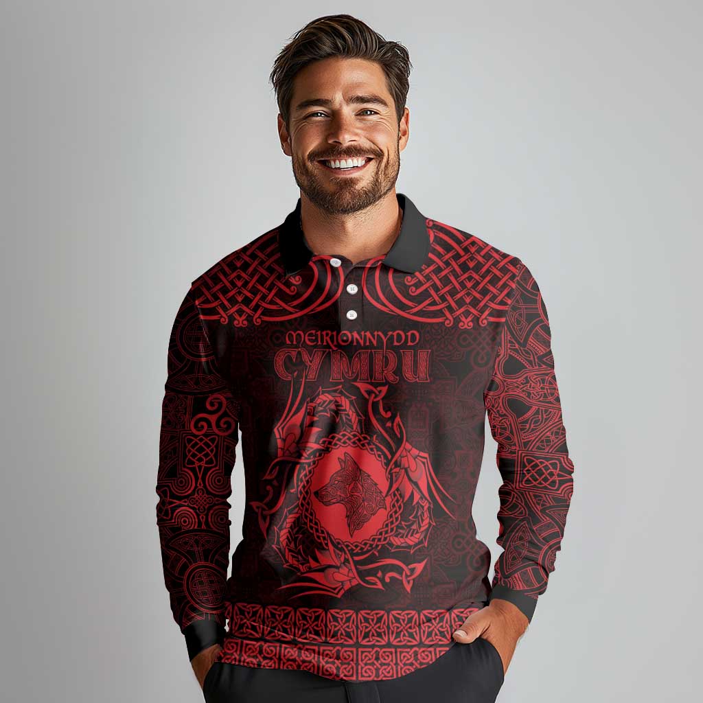 Personalized Merionethshire Meirionnydd Long Sleeve Polo Shirt Red Wolf Celtic-inspired - Wonder Print Shop
