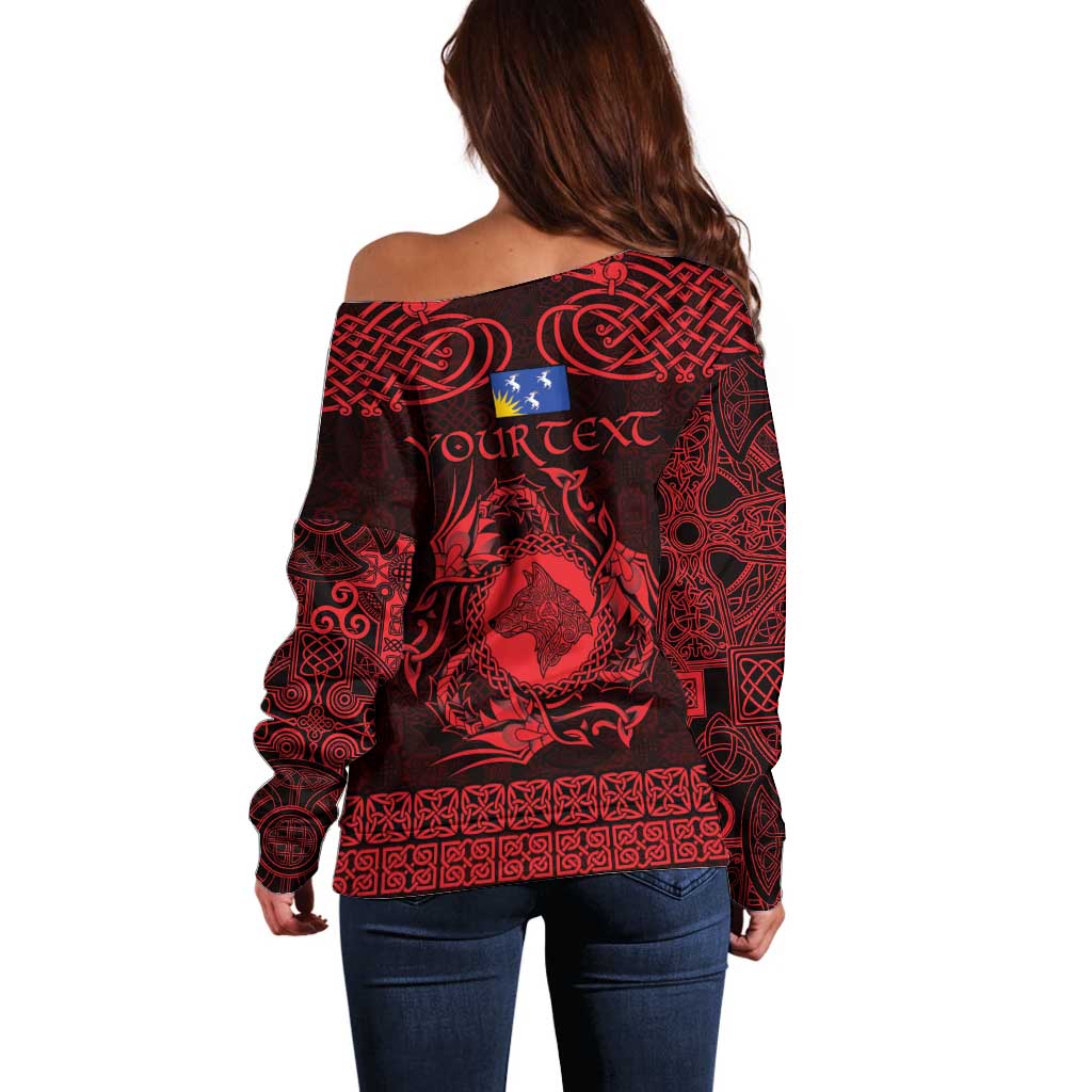Personalized Merionethshire Meirionnydd Off Shoulder Sweater Red Wolf Celtic-inspired - Wonder Print Shop