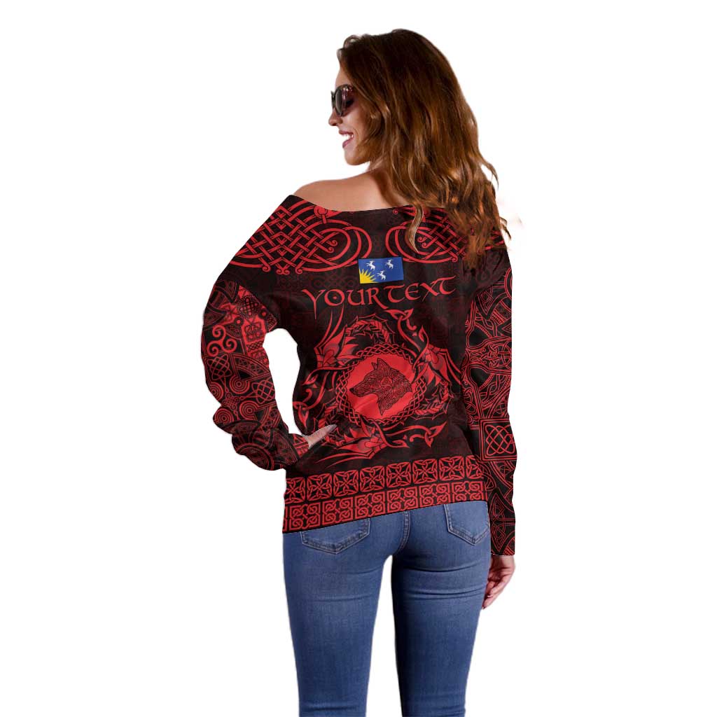 Personalized Merionethshire Meirionnydd Off Shoulder Sweater Red Wolf Celtic-inspired - Wonder Print Shop