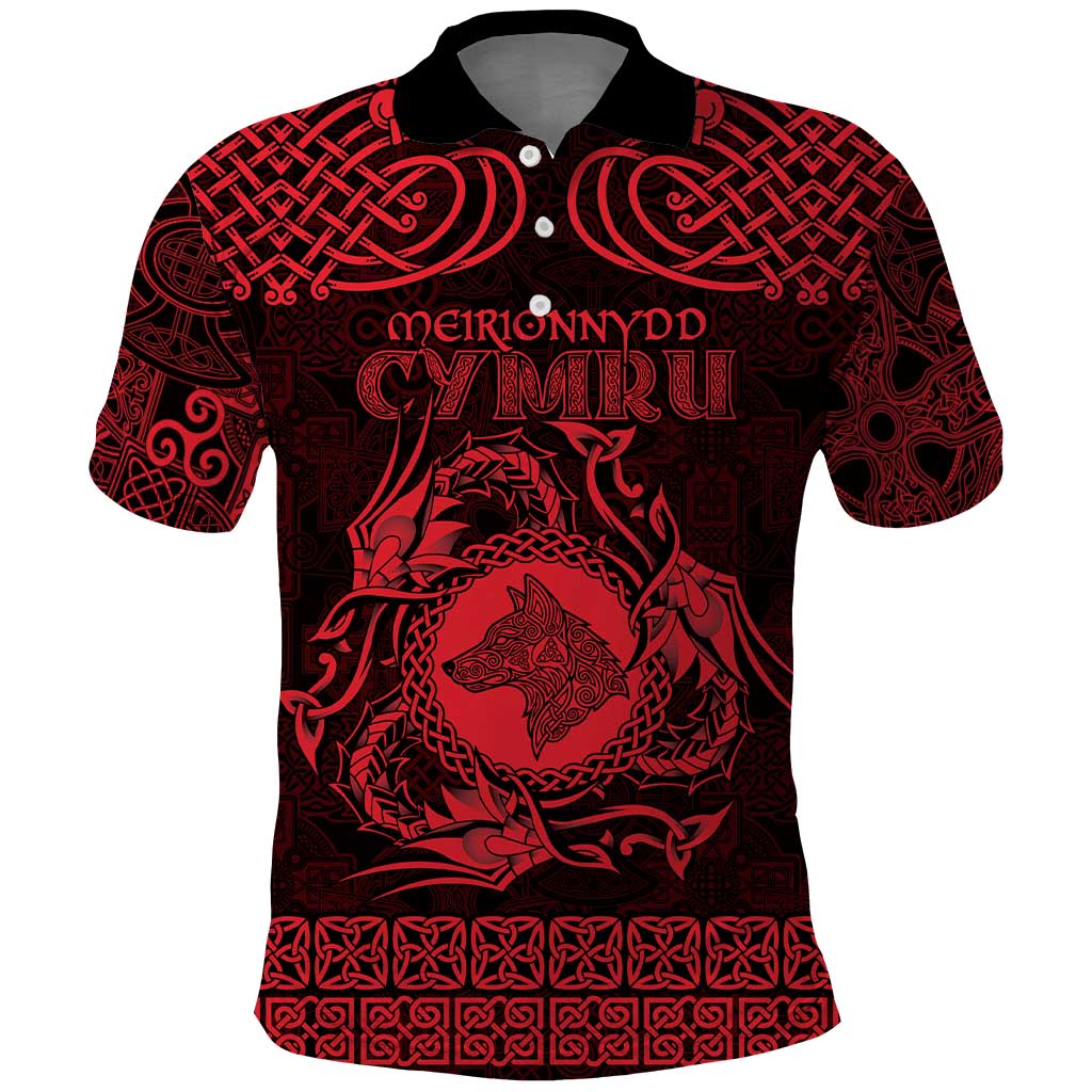 Personalized Merionethshire Meirionnydd Polo Shirt Red Wolf Celtic-inspired - Wonder Print Shop