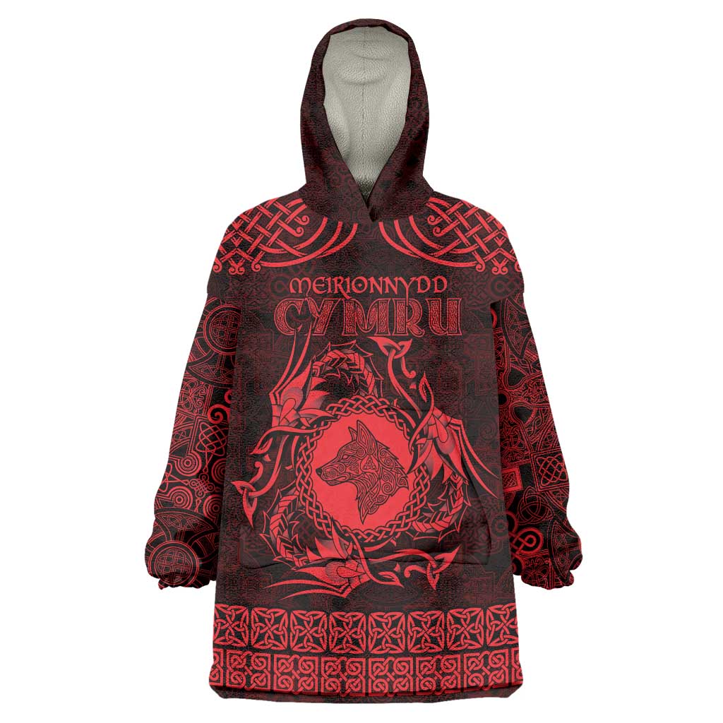Personalized Merionethshire Meirionnydd Wearable Blanket Hoodie Red Wolf Celtic-inspired - Wonder Print Shop