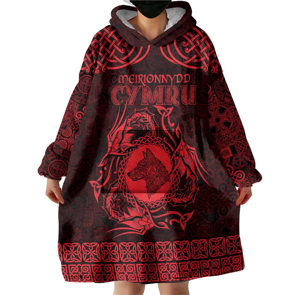 Personalized Merionethshire Meirionnydd Wearable Blanket Hoodie Red Wolf Celtic-inspired - Wonder Print Shop