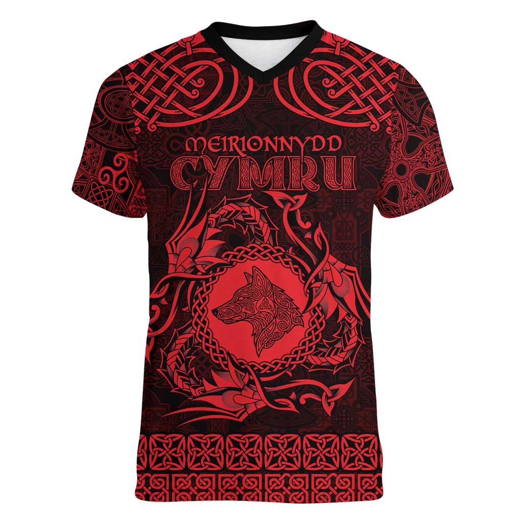 Personalized Merionethshire Meirionnydd Women V-Neck T-Shirt Red Wolf Celtic-inspired - Wonder Print Shop
