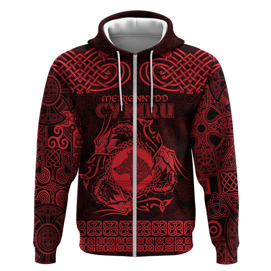 Personalized Merionethshire Meirionnydd Zip Hoodie Red Wolf Celtic-inspired - Wonder Print Shop