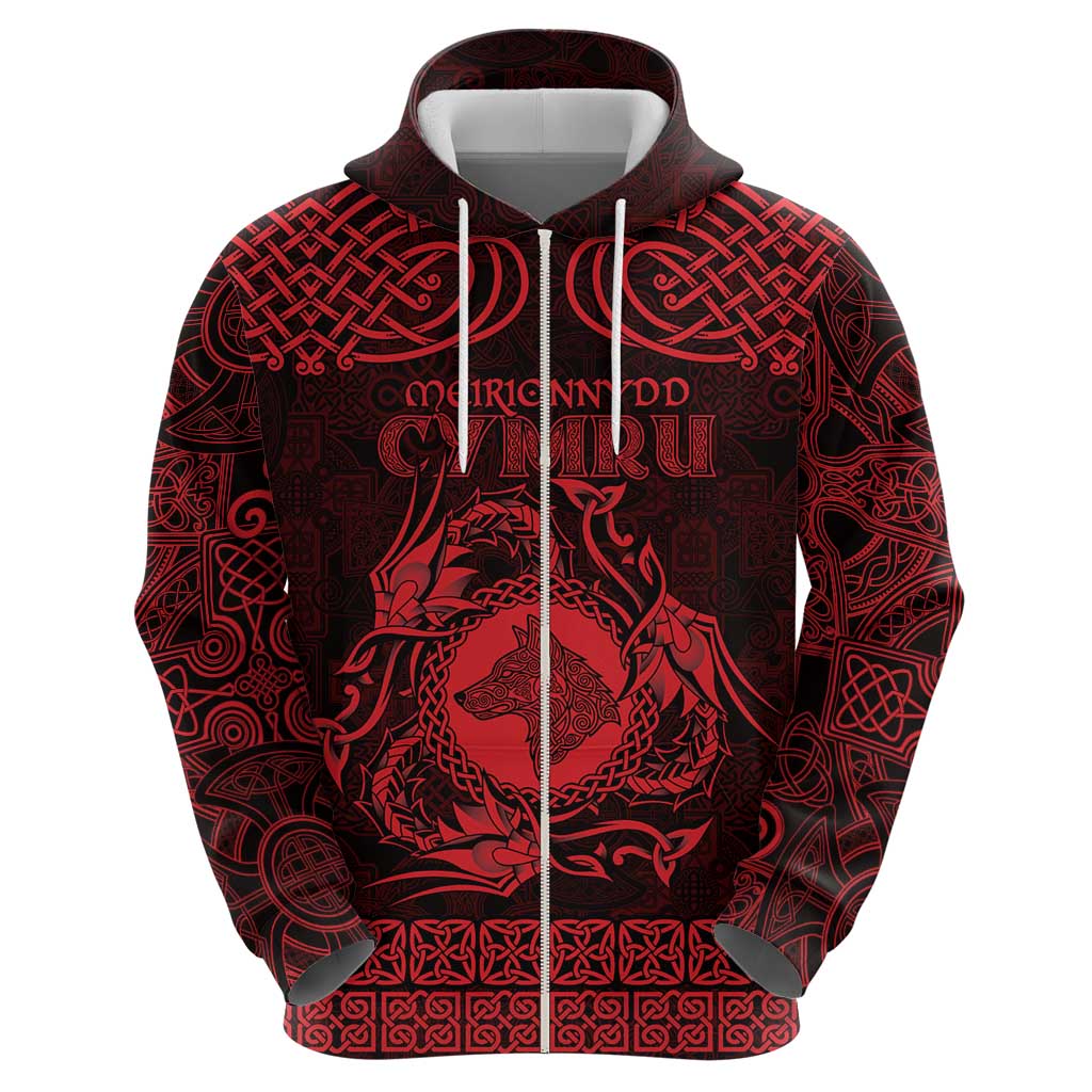 Personalized Merionethshire Meirionnydd Zip Hoodie Red Wolf Celtic-inspired - Wonder Print Shop