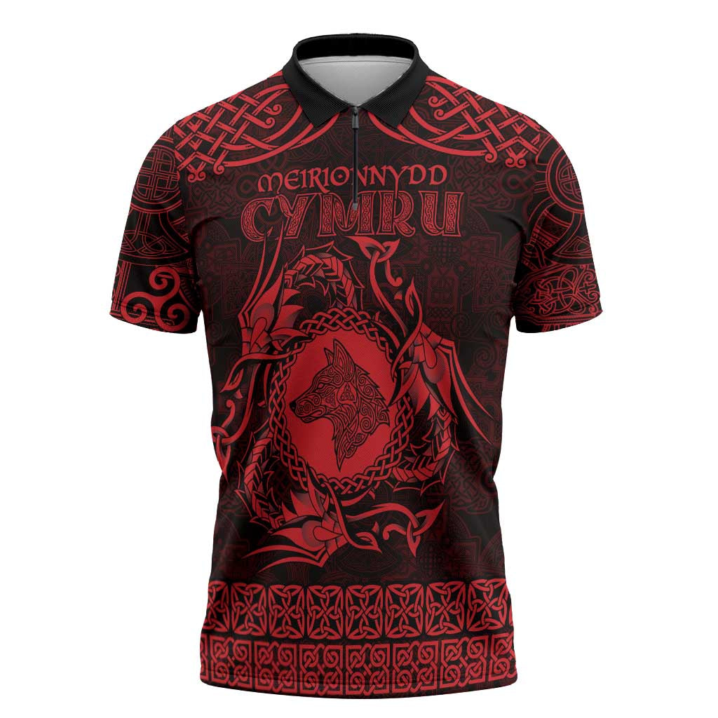 Personalized Merionethshire Meirionnydd Zipper Polo Shirt Red Wolf Celtic-inspired - Wonder Print Shop