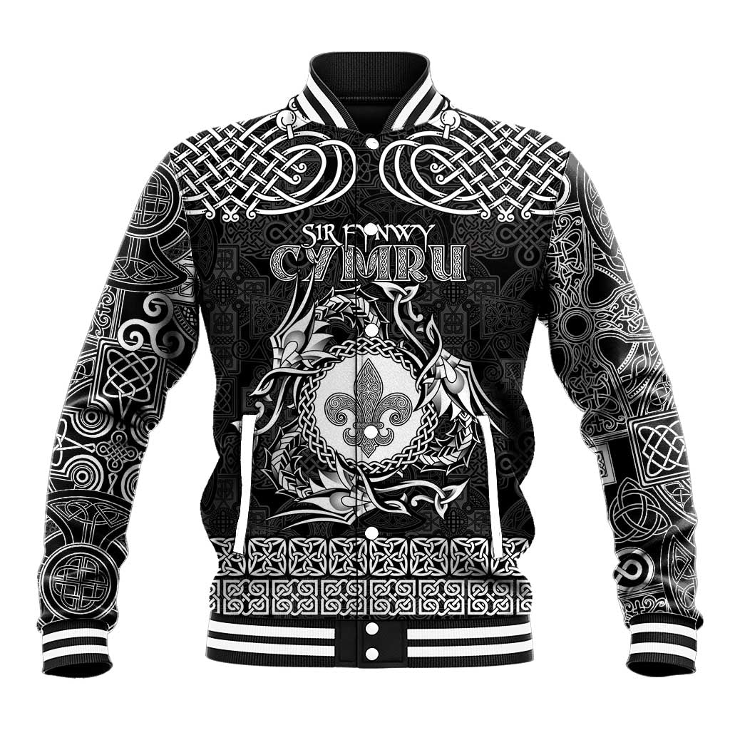 Personalized Monmouthshire Sir Fynwy Baseball Jacket Black Fleur-de-lis Celtic-inspired - Wonder Print Shop