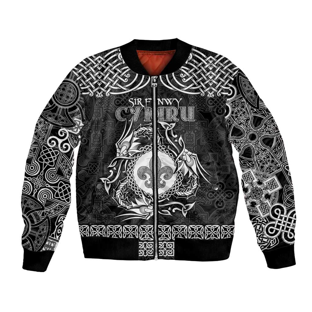 Personalized Monmouthshire Sir Fynwy Bomber Jacket Black Fleur-de-lis Celtic-inspired - Wonder Print Shop