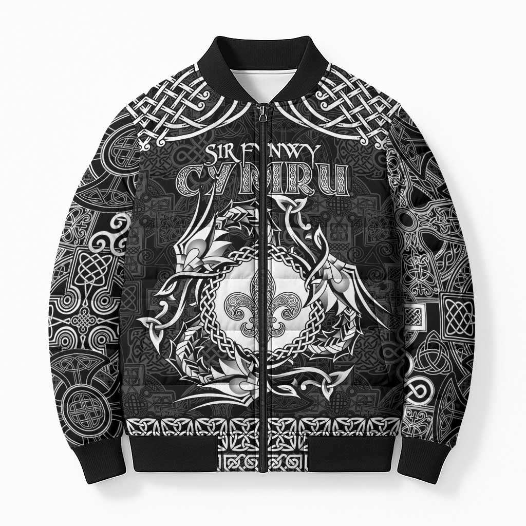 Personalized Monmouthshire Sir Fynwy Bomber Puffer Jacket Black Fleur-de-lis Celtic-inspired - Wonder Print Shop
