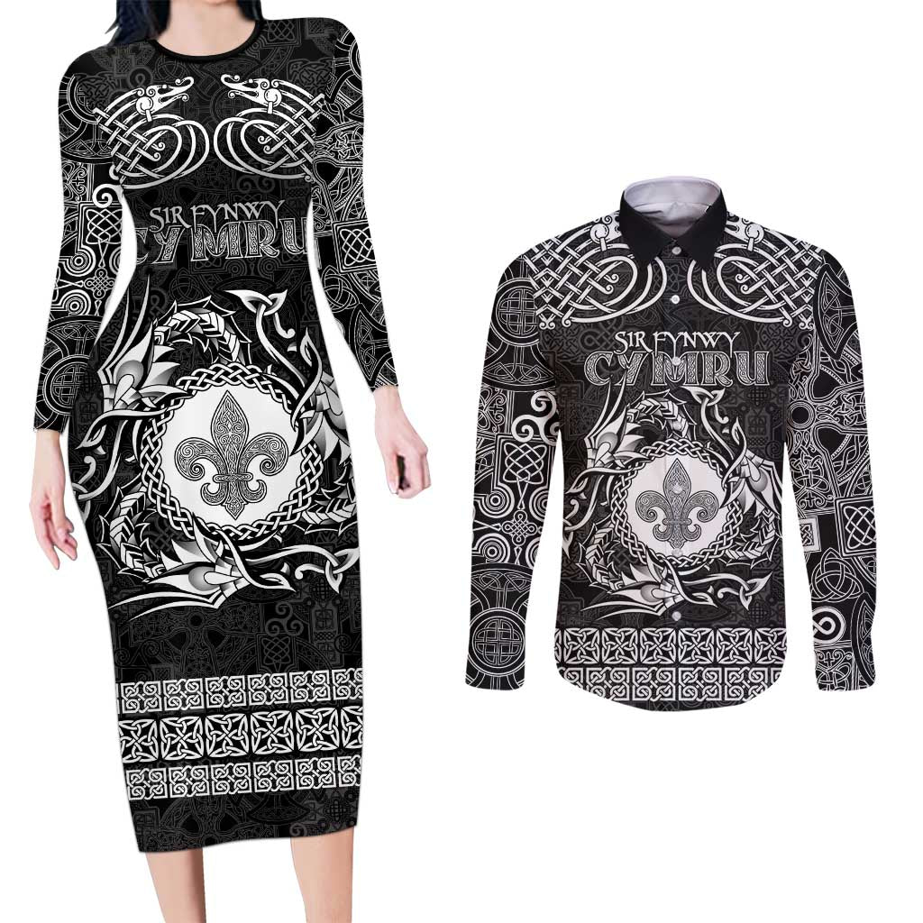 Personalized Monmouthshire Sir Fynwy Couples Matching Long Sleeve Bodycon Dress and Long Sleeve Button Shirt Black Fleur-de-lis Celtic-inspired - Wonder Print Shop