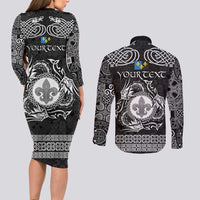 Personalized Monmouthshire Sir Fynwy Couples Matching Long Sleeve Bodycon Dress and Long Sleeve Button Shirt Black Fleur-de-lis Celtic-inspired - Wonder Print Shop