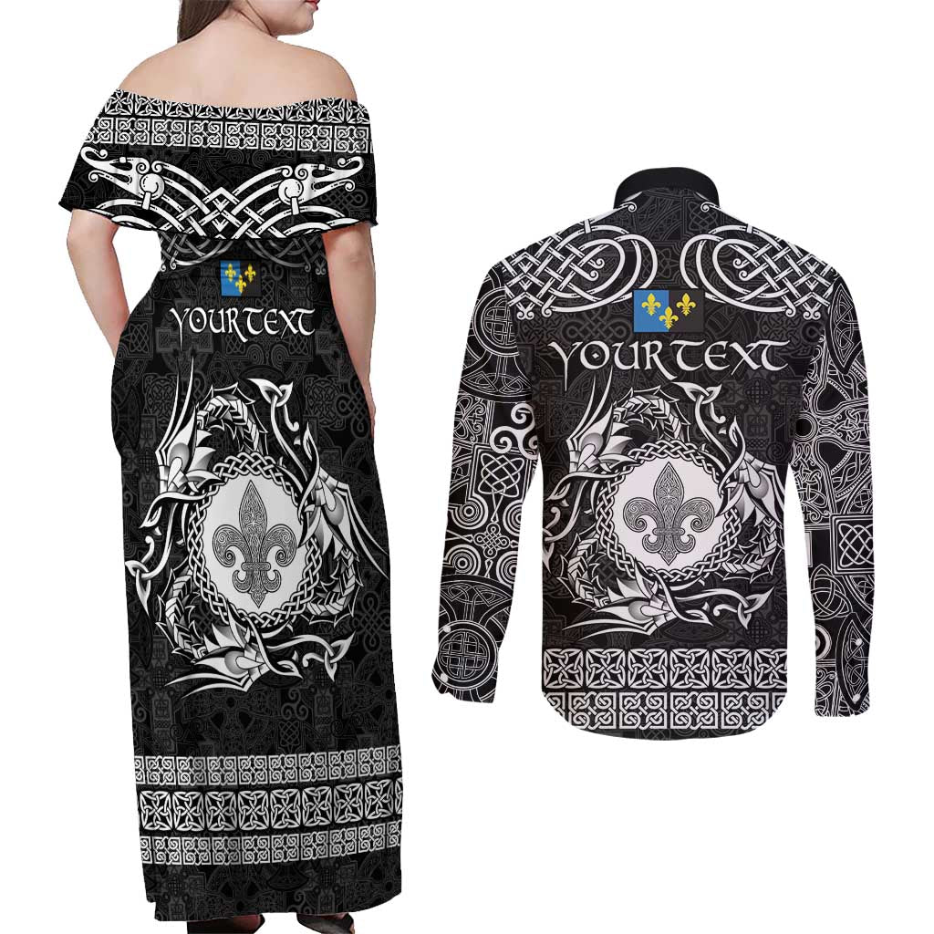 Personalized Monmouthshire Sir Fynwy Couples Matching Off Shoulder Maxi Dress and Long Sleeve Button Shirt Black Fleur-de-lis Celtic-inspired - Wonder Print Shop