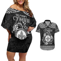Personalized Monmouthshire Sir Fynwy Couples Matching Off Shoulder Short Dress and Hawaiian Shirt Black Fleur-de-lis Celtic-inspired - Wonder Print Shop