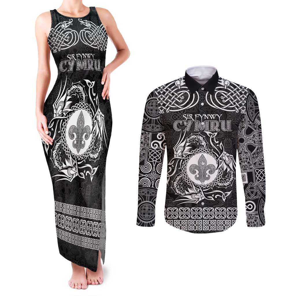 Personalized Monmouthshire Sir Fynwy Couples Matching Tank Maxi Dress and Long Sleeve Button Shirt Black Fleur-de-lis Celtic-inspired - Wonder Print Shop