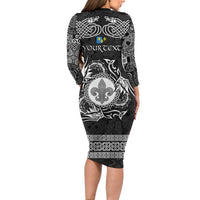 Personalized Monmouthshire Sir Fynwy Family Matching Long Sleeve Bodycon Dress and Hawaiian Shirt Black Fleur-de-lis Celtic-inspired - Wonder Print Shop