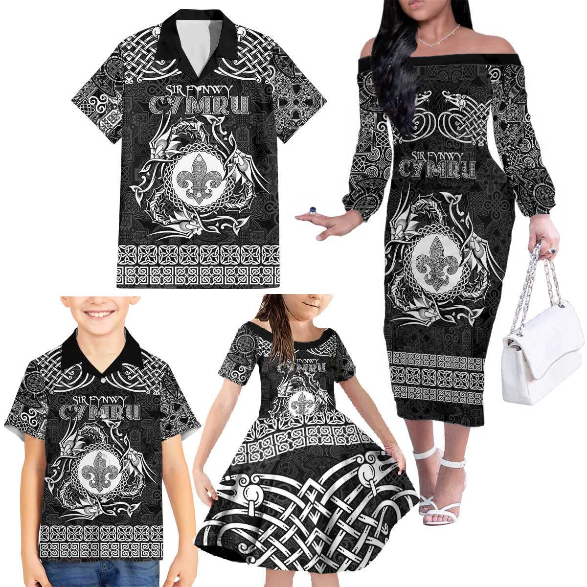 Personalized Monmouthshire Sir Fynwy Family Matching Off The Shoulder Long Sleeve Dress and Hawaiian Shirt Black Fleur-de-lis Celtic-inspired - Wonder Print Shop