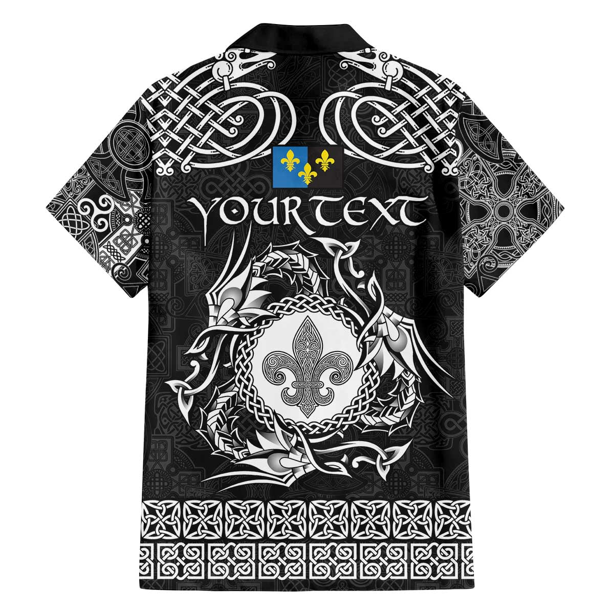 Personalized Monmouthshire Sir Fynwy Family Matching Off The Shoulder Long Sleeve Dress and Hawaiian Shirt Black Fleur-de-lis Celtic-inspired - Wonder Print Shop