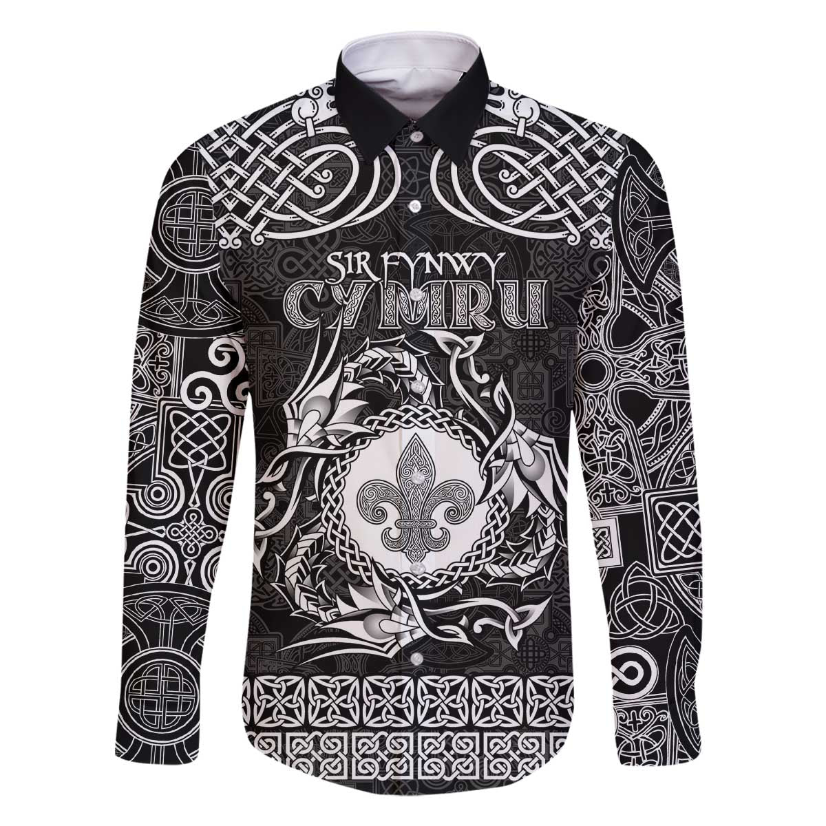 Personalized Monmouthshire Sir Fynwy Family Matching Off The Shoulder Long Sleeve Dress and Hawaiian Shirt Black Fleur-de-lis Celtic-inspired - Wonder Print Shop