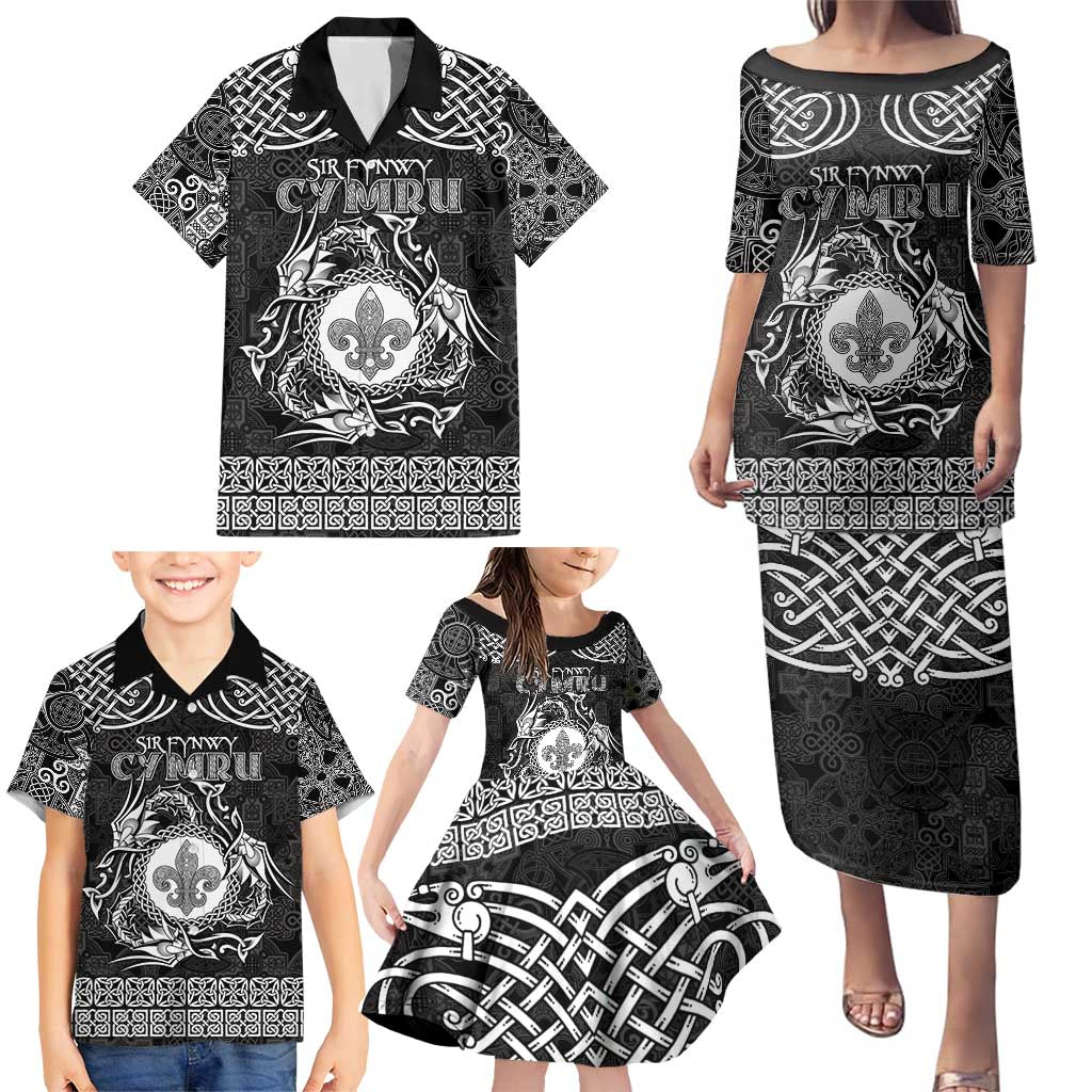 Personalized Monmouthshire Sir Fynwy Family Matching Puletasi and Hawaiian Shirt Black Fleur-de-lis Celtic-inspired - Wonder Print Shop