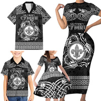 Personalized Monmouthshire Sir Fynwy Family Matching Short Sleeve Bodycon Dress and Hawaiian Shirt Black Fleur-de-lis Celtic-inspired - Wonder Print Shop