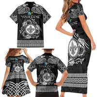 Personalized Monmouthshire Sir Fynwy Family Matching Short Sleeve Bodycon Dress and Hawaiian Shirt Black Fleur-de-lis Celtic-inspired - Wonder Print Shop