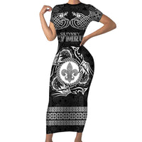 Personalized Monmouthshire Sir Fynwy Family Matching Short Sleeve Bodycon Dress and Hawaiian Shirt Black Fleur-de-lis Celtic-inspired - Wonder Print Shop