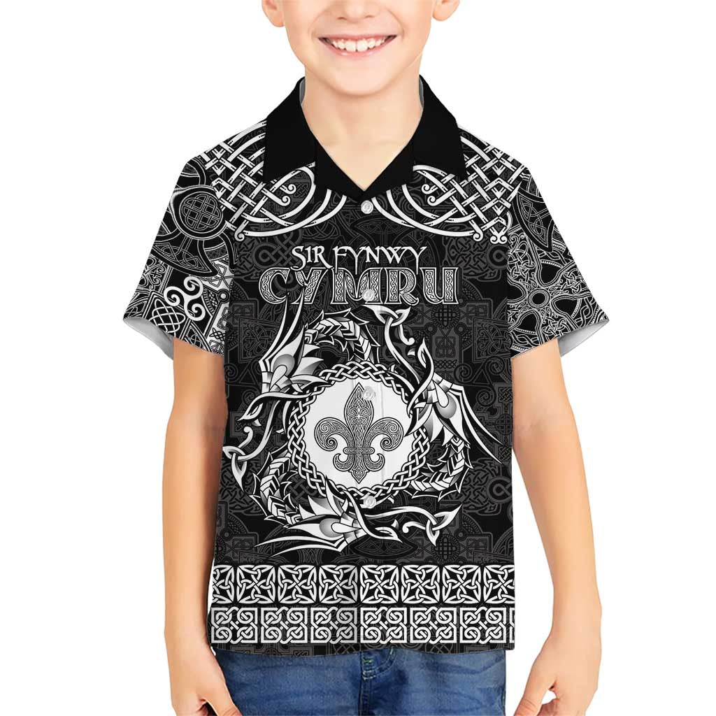 Personalized Monmouthshire Sir Fynwy Family Matching Short Sleeve Bodycon Dress and Hawaiian Shirt Black Fleur-de-lis Celtic-inspired - Wonder Print Shop