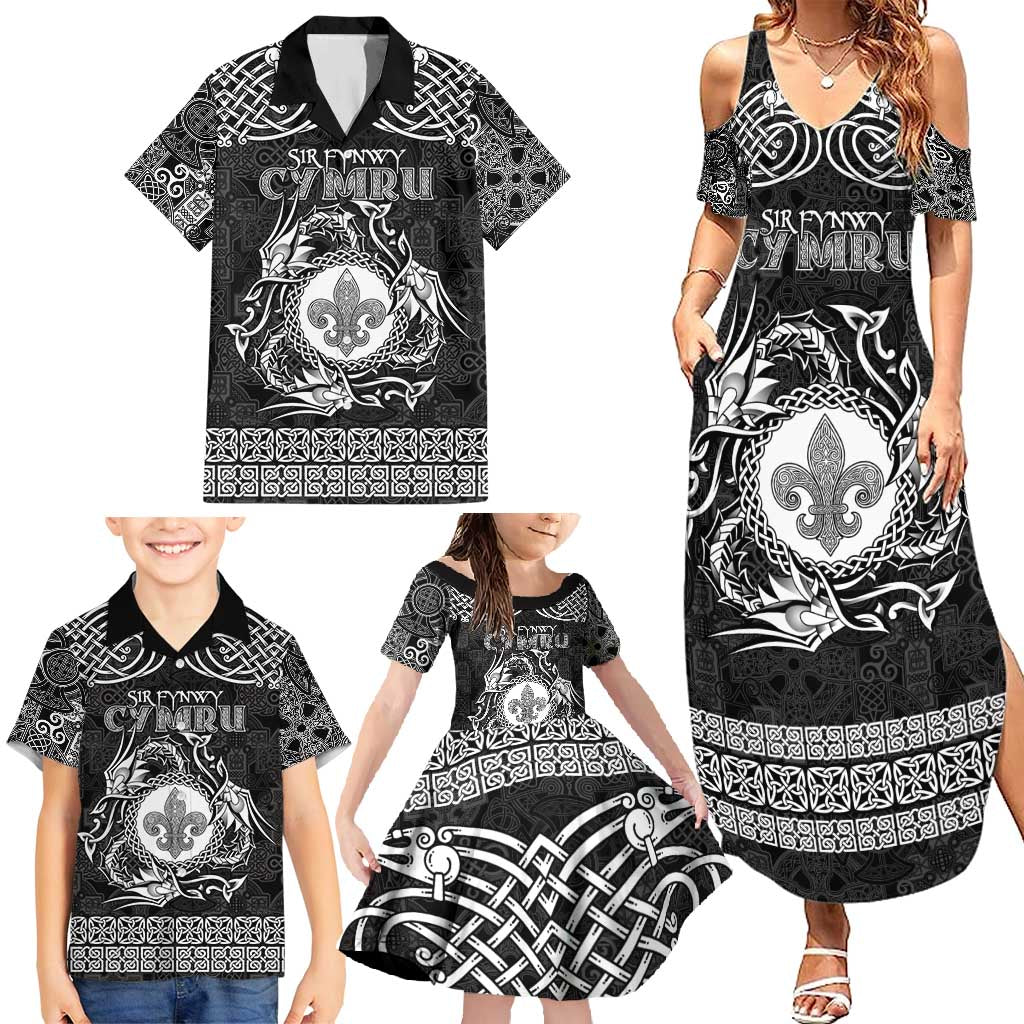 Personalized Monmouthshire Sir Fynwy Family Matching Summer Maxi Dress and Hawaiian Shirt Black Fleur-de-lis Celtic-inspired - Wonder Print Shop