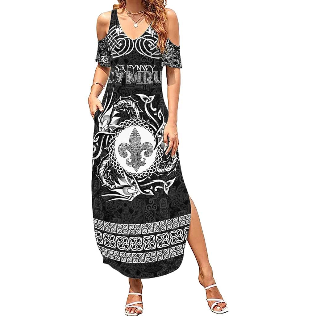 Personalized Monmouthshire Sir Fynwy Family Matching Summer Maxi Dress and Hawaiian Shirt Black Fleur-de-lis Celtic-inspired - Wonder Print Shop