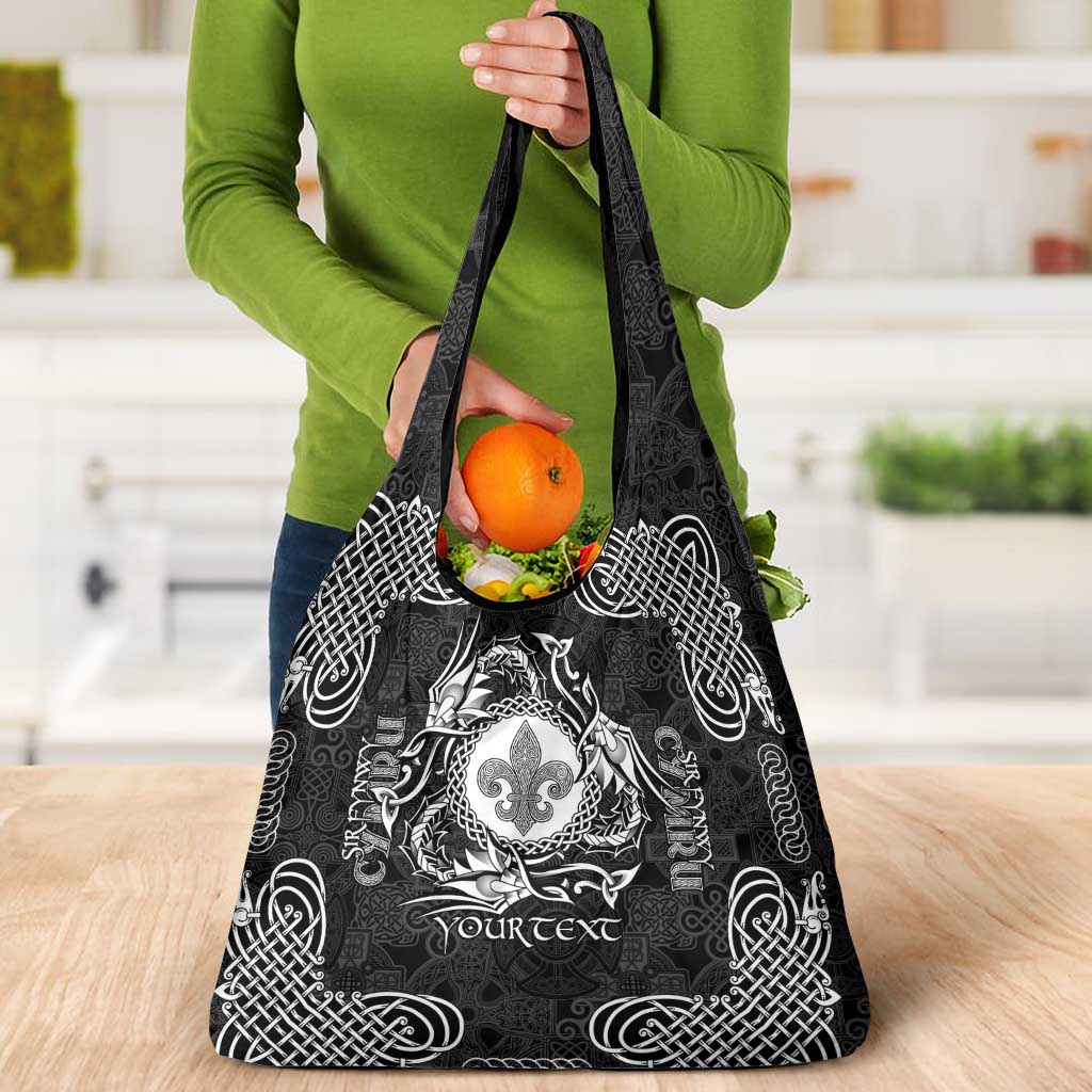 Personalized Monmouthshire Sir Fynwy Grocery Bag Black Fleur-de-lis Celtic-inspired - Wonder Print Shop