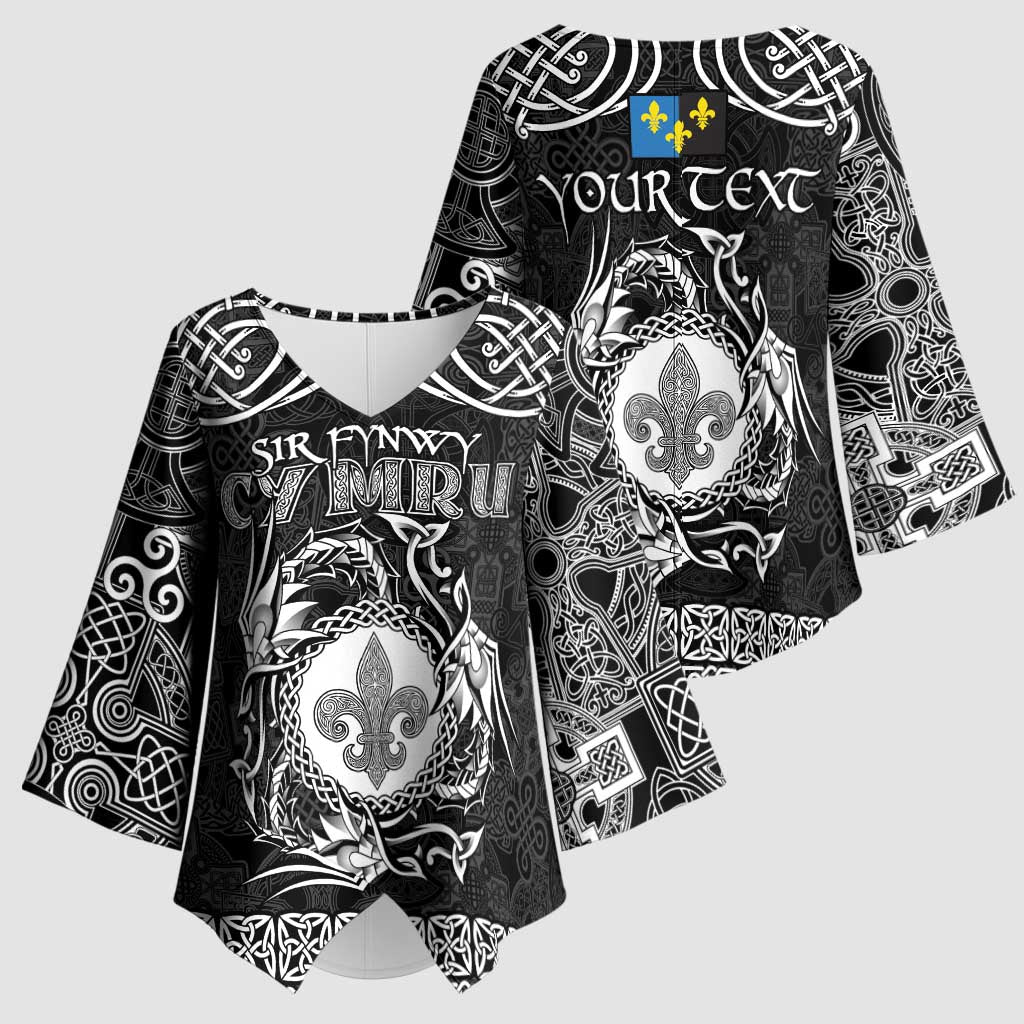 Personalized Monmouthshire Sir Fynwy Kimono Sleeve Blouse Black Fleur-de-lis Celtic-inspired - Wonder Print Shop