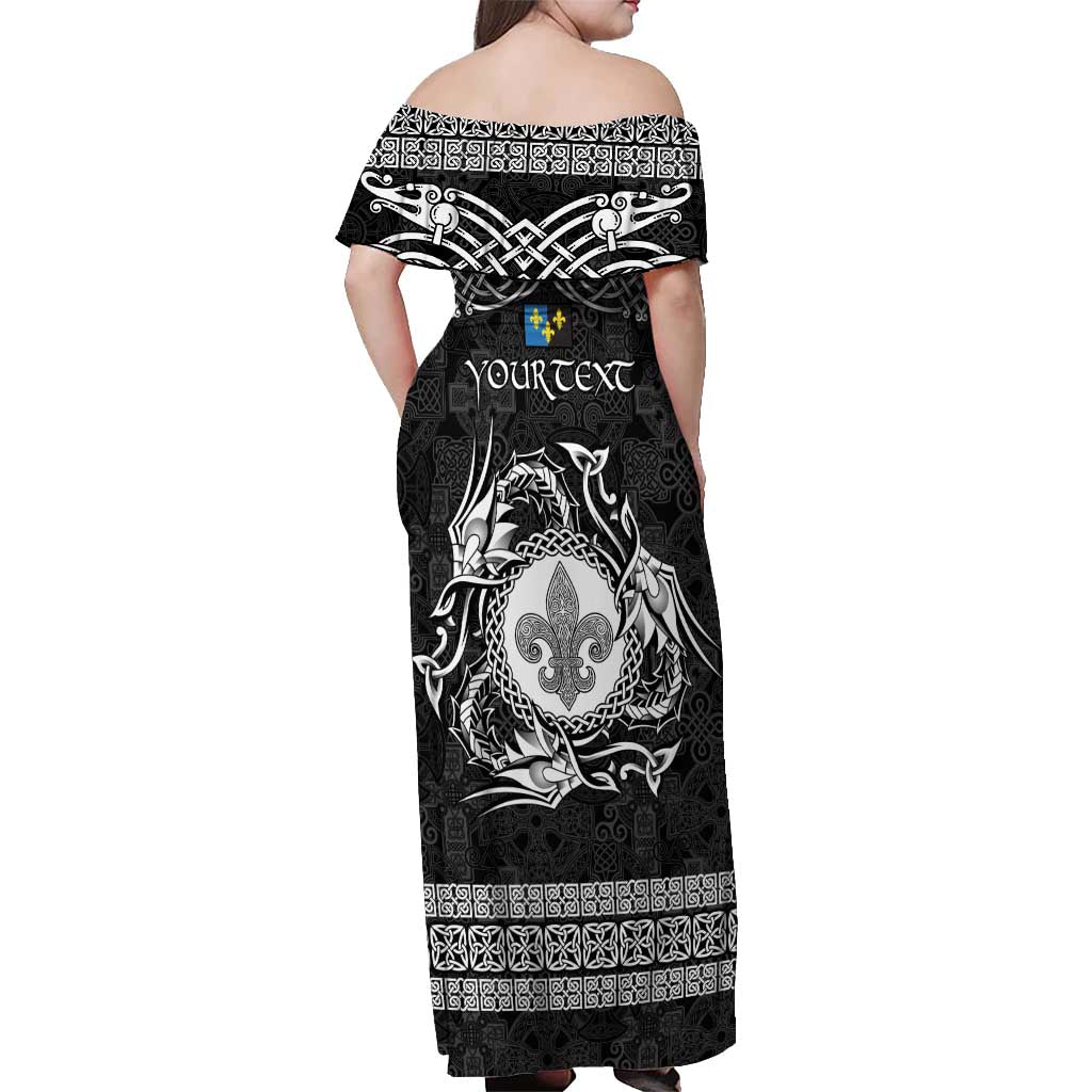 Personalized Monmouthshire Sir Fynwy Off Shoulder Maxi Dress Black Fleur-de-lis Celtic-inspired - Wonder Print Shop